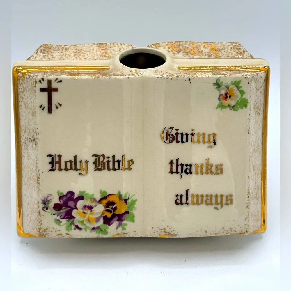 Hazlett 1962 Holy Bible Vase Religious Ceramic Gold Pansies Giving Thanks